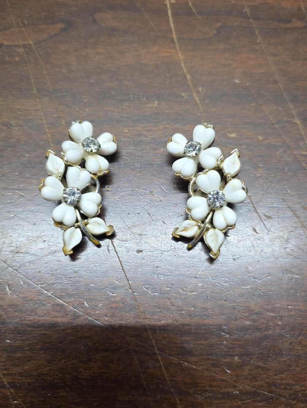 Gold-Tone White Floral Cluster Clip On Earrings with Crystal Centers
